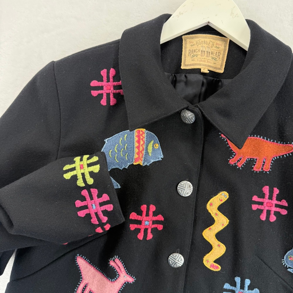Double D Ranch‎ Wear Black Jacket Applique Animals Folk Art Womens Size S